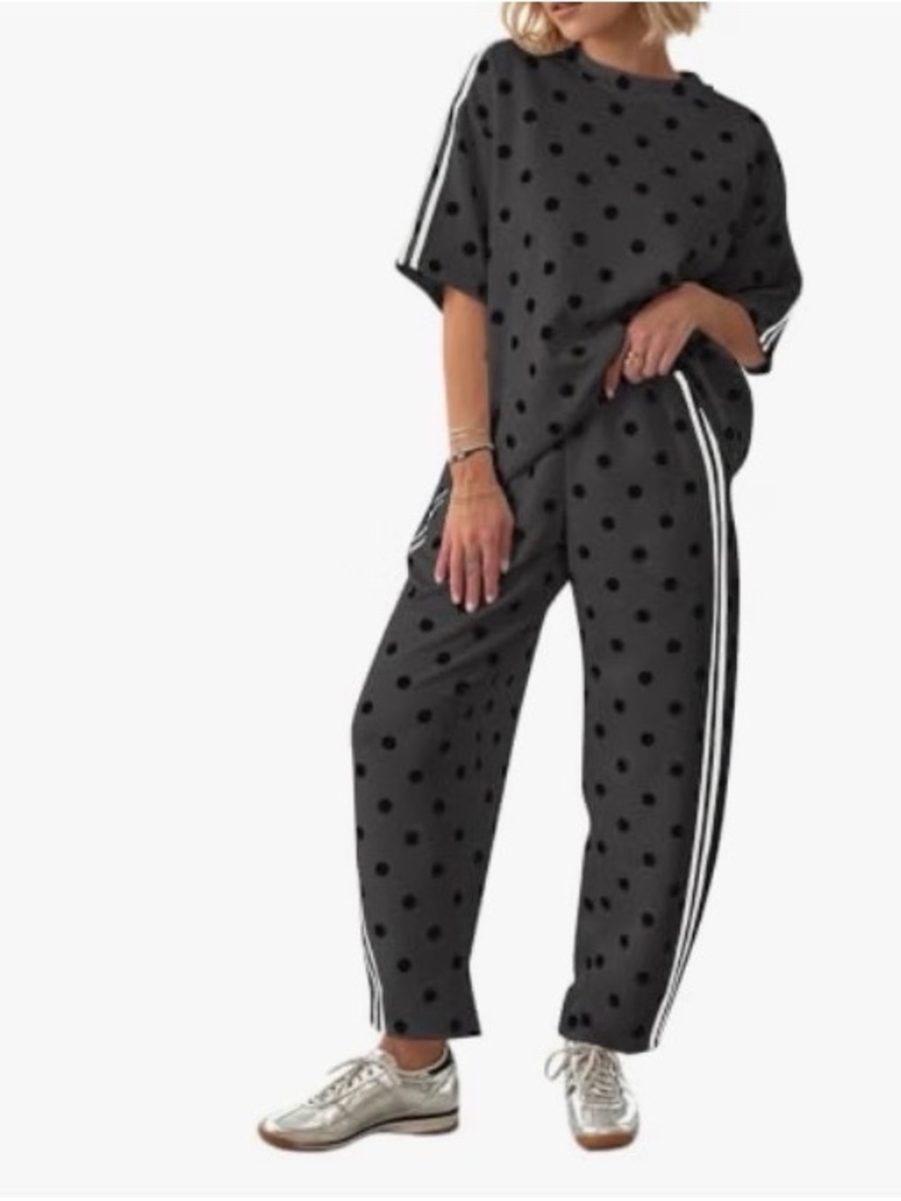 Amazon Polka Dot 2-Pc Lounge Set Shirt Side Striped Barrel Pants Travel Airport